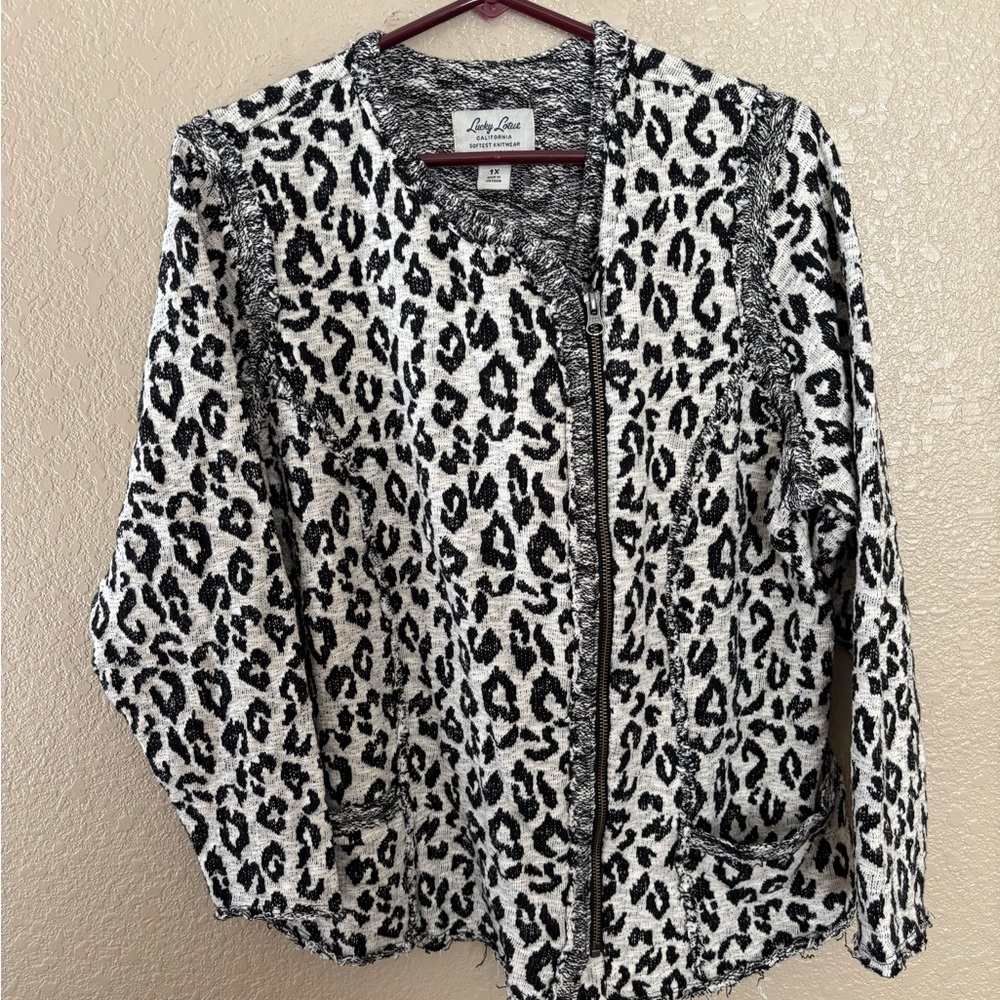 Lucky Lotus Black and White Leopard Zip Cardigan